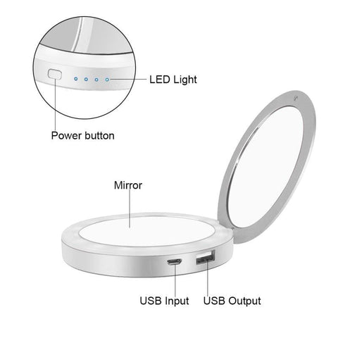 Compact Mirror | LED Light | Power Bank